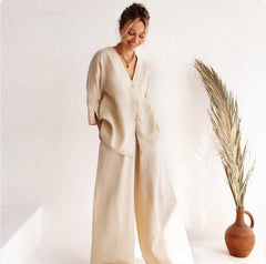 Elegant Cotton-Linen Long-Sleeve Pajama Set - Relaxed Fit