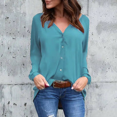 Chic V-Neck Chiffon Blouse with Button Detail