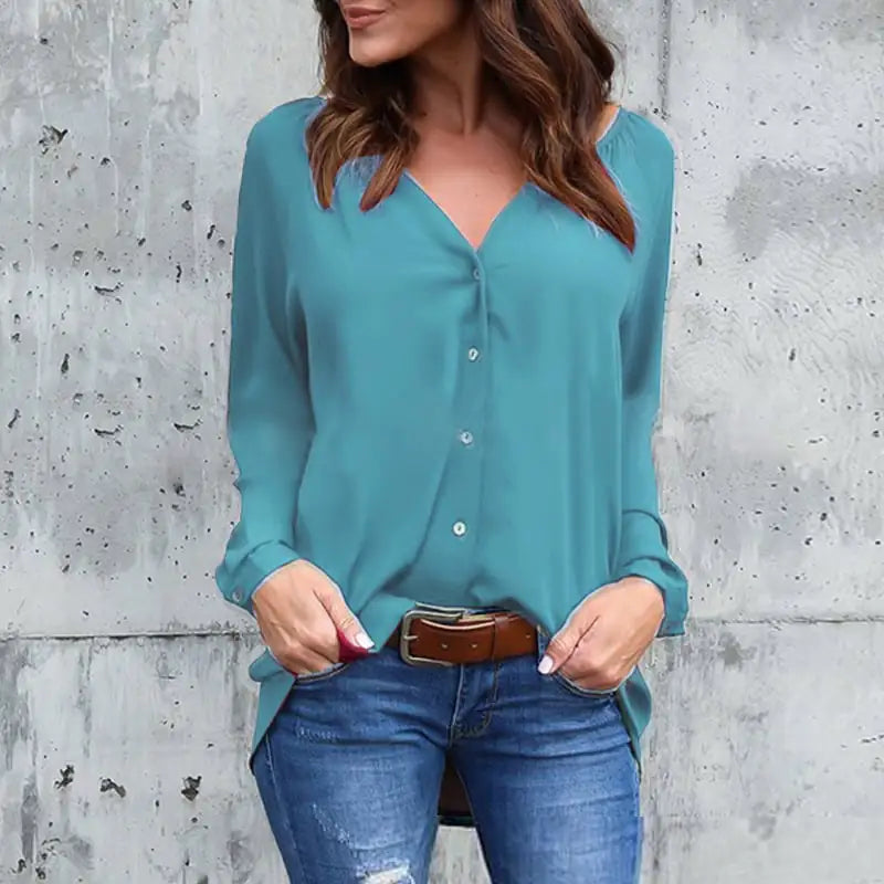 Chic V-Neck Chiffon Blouse with Button Detail