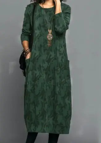 Vintage-Inspired A-Line Midi Dress with Crew Neck