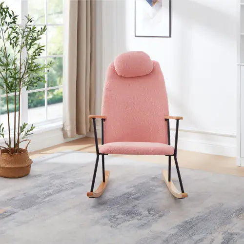 Elegant Pink Rocking Chair - Teddy Fabric, High Back & Adjustable Headrest