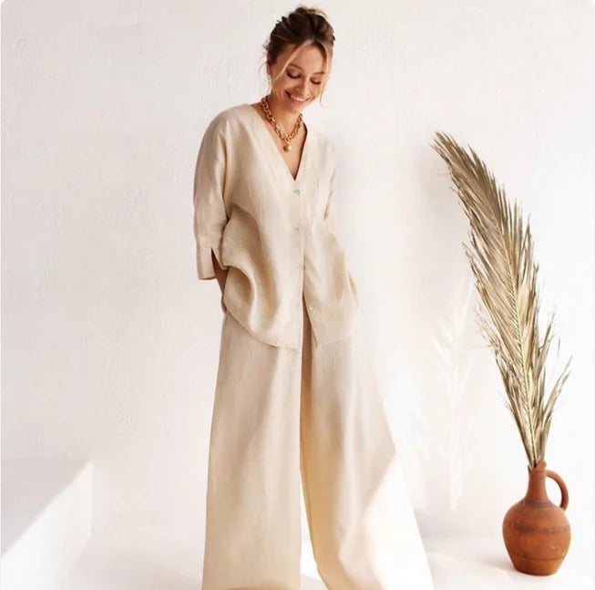 Elegant Cotton-Linen Long-Sleeve Pajama Set - Relaxed Fit