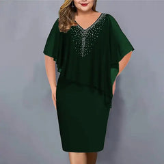 Plus-Size Chiffon V-neck Dress with Rhinestones