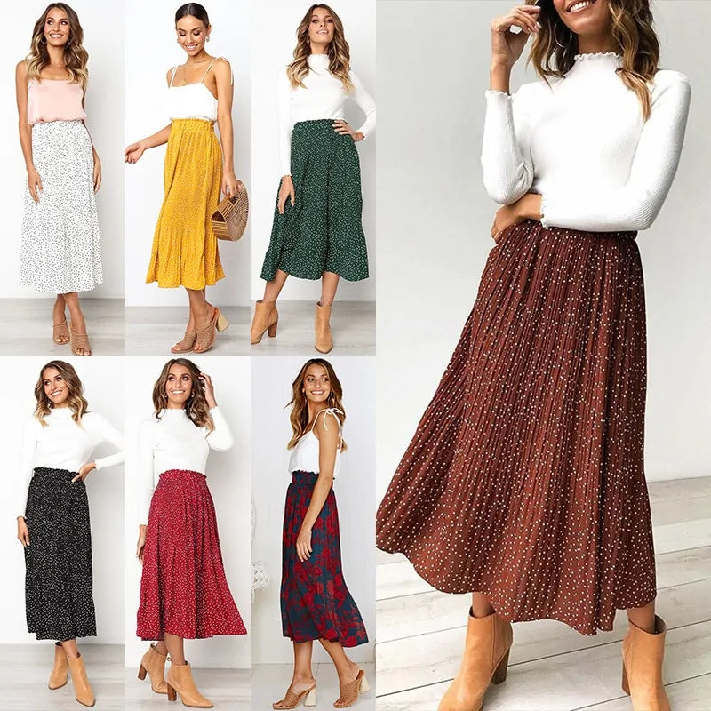 Elegant Elastic High-Waist Pleated Midi Skirt for Women