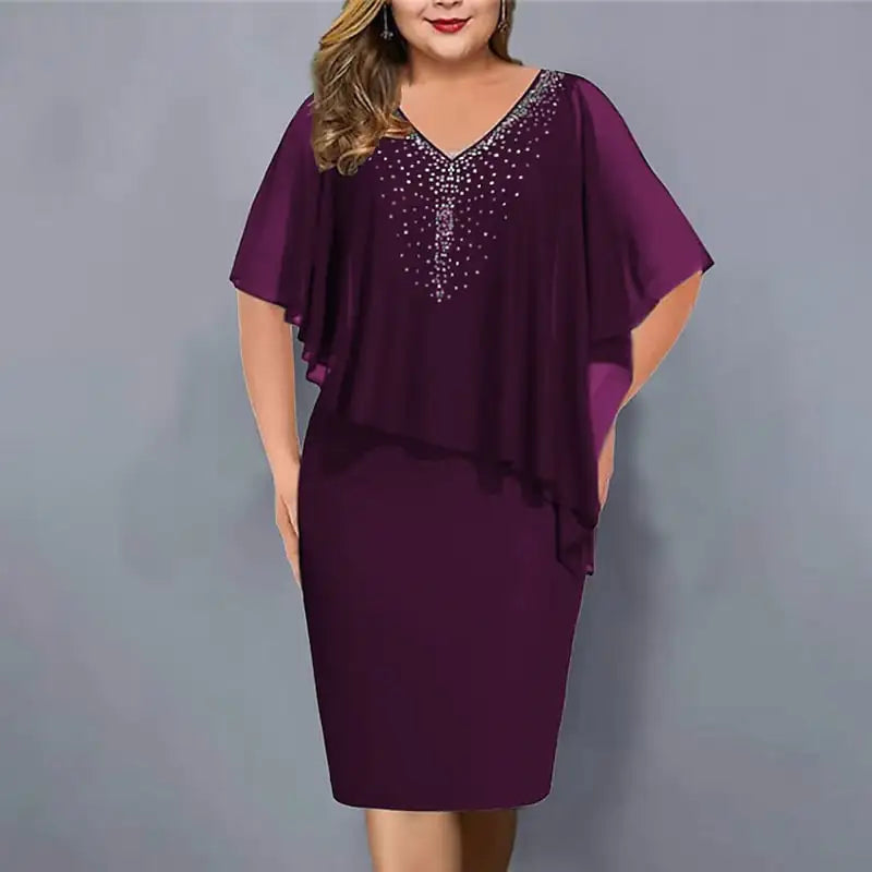 Plus-Size Chiffon V-neck Dress with Rhinestones