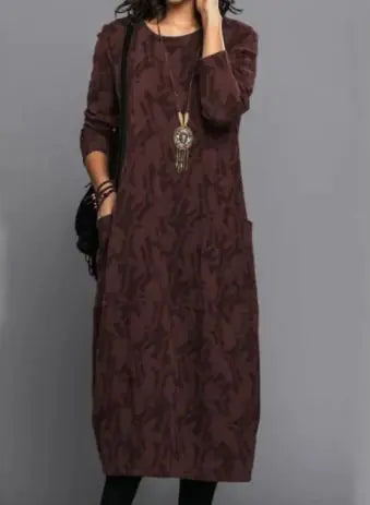Vintage-Inspired A-Line Midi Dress with Crew Neck