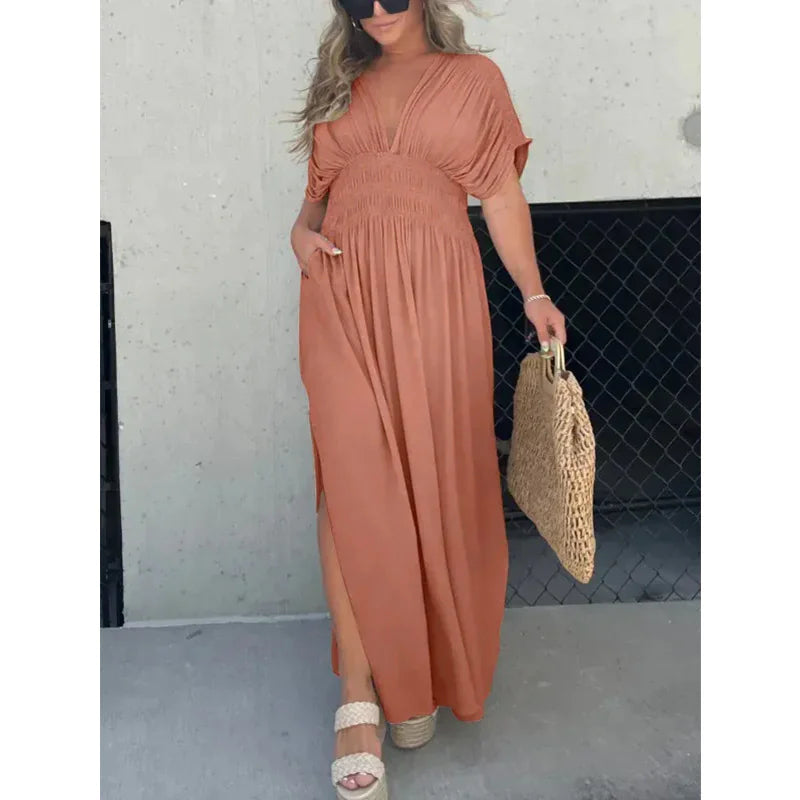 Sunkissed Pleat Palooza Ice Silk Dress - Light Grayish Brown