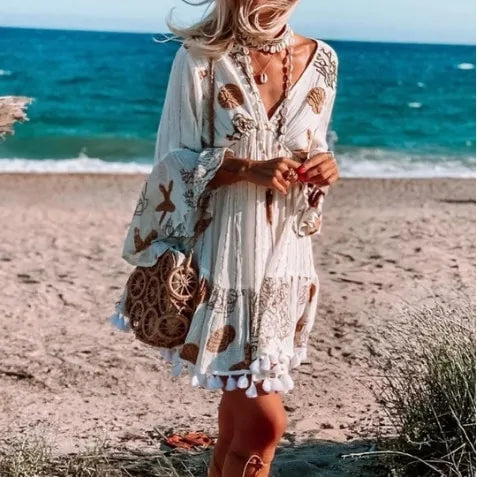 Bohemian Long Sleeve V-Neck Dress - Elegant & Playful