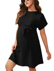 Elegant Maternity Dress with Batwing Sleeves & Girdle
