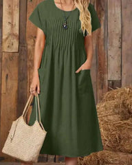 Elegant O-Neck Mid-Calf Dress  - Short Sleeve, Solid Color