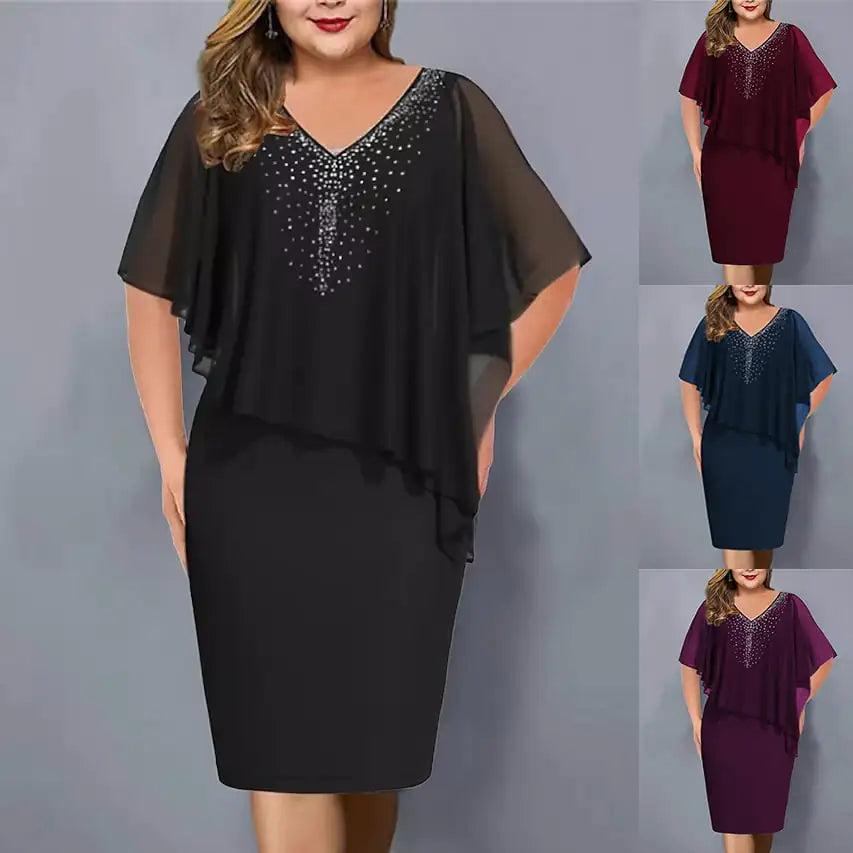 Plus-Size Chiffon V-neck Dress with Rhinestones