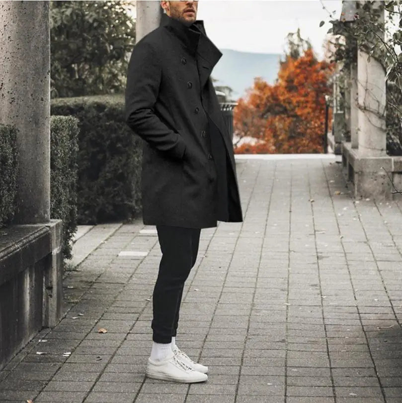 Men's Mid-Length Stand-Up Collar Trench Coat