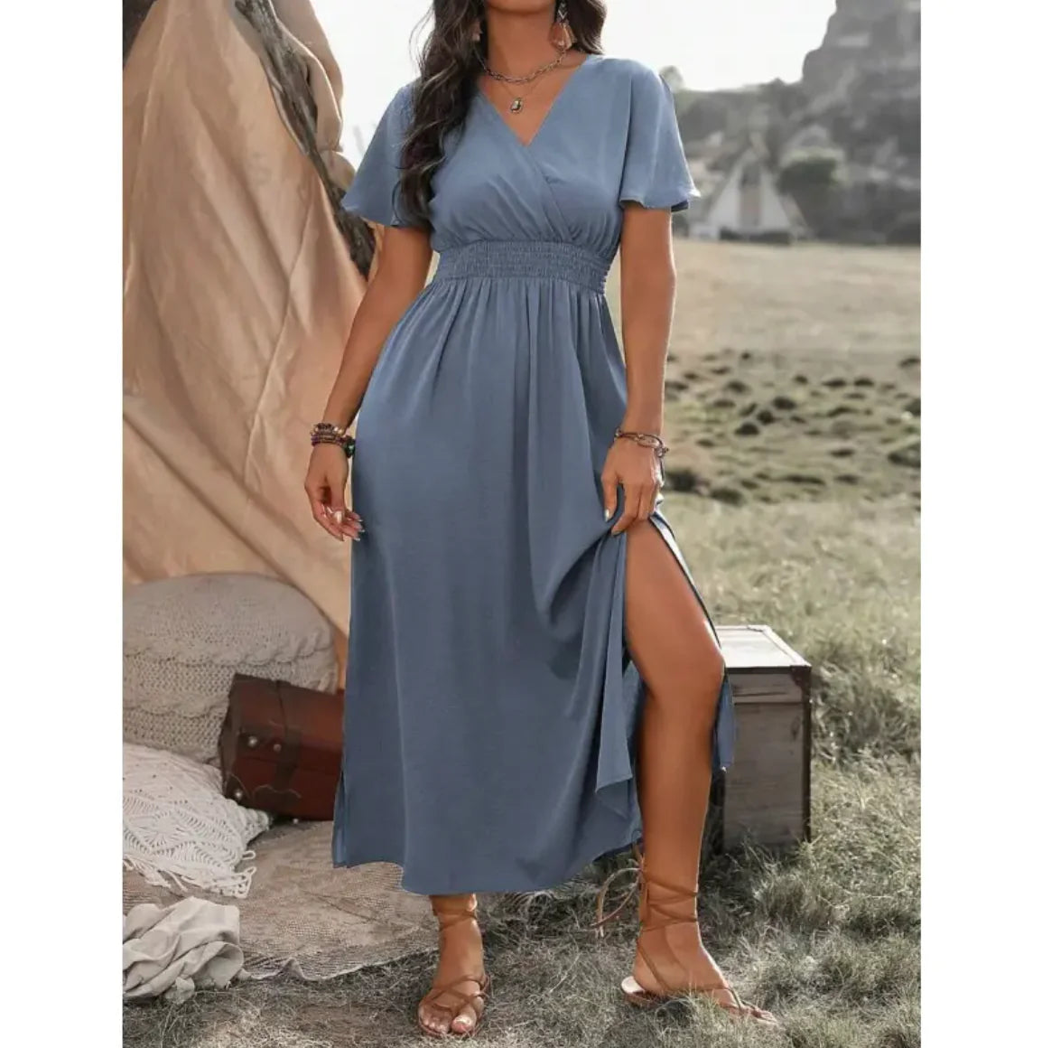 Elegant V-Neck Bell Sleeve Dress with Side Slit