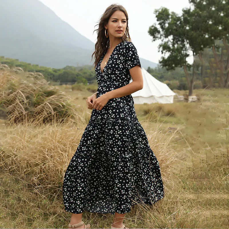 Bohemian Ruffled V-Neck Floral Maxi Dress