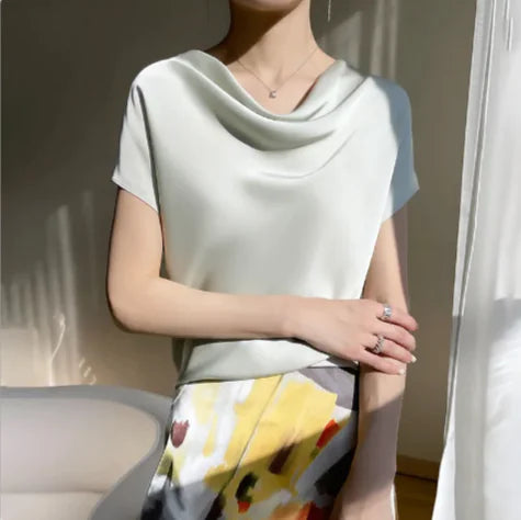 Smooth Silk Satin Short-Sleeve Blouse – Elegance & Comfort