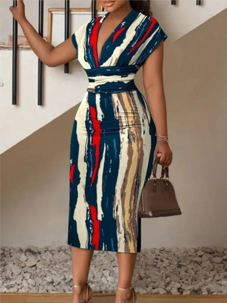 V-Neck Printed Bodycon Midi Dress for Women
