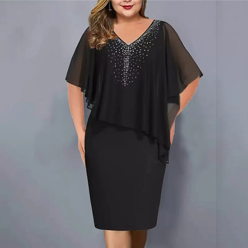 Plus-Size Chiffon V-neck Dress with Rhinestones