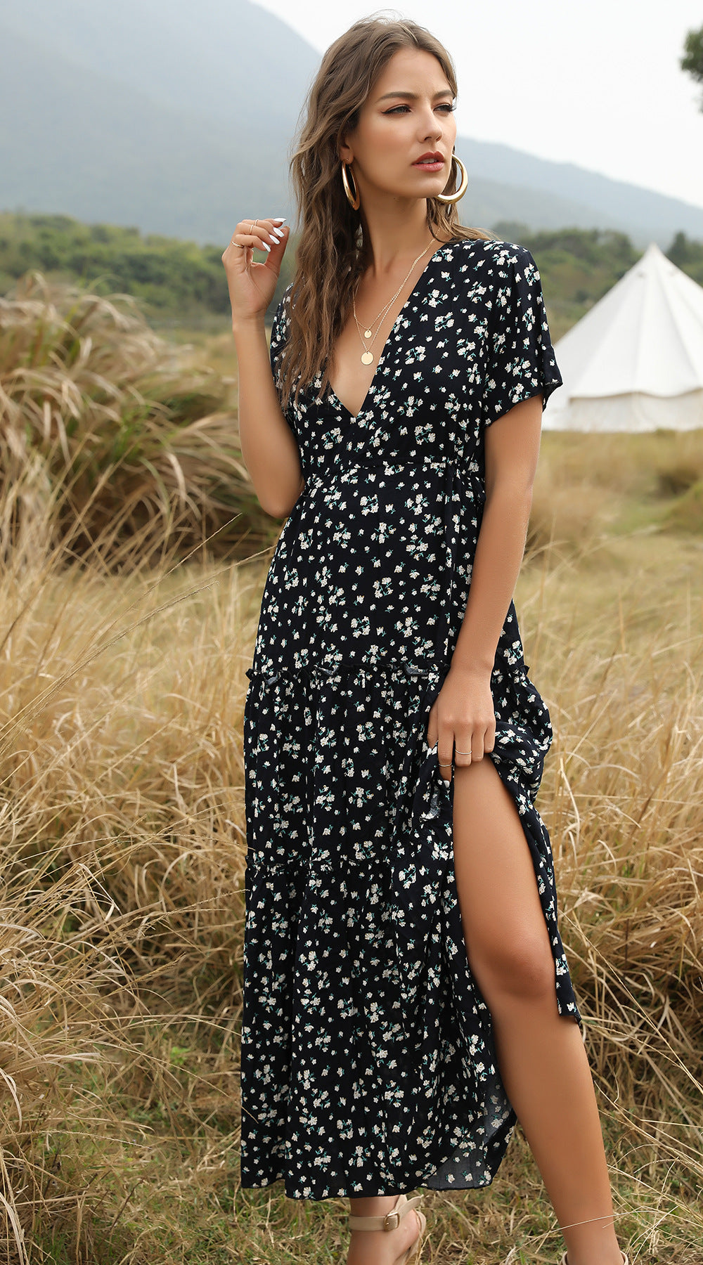 Bohemian Ruffled V-Neck Floral Maxi Dress