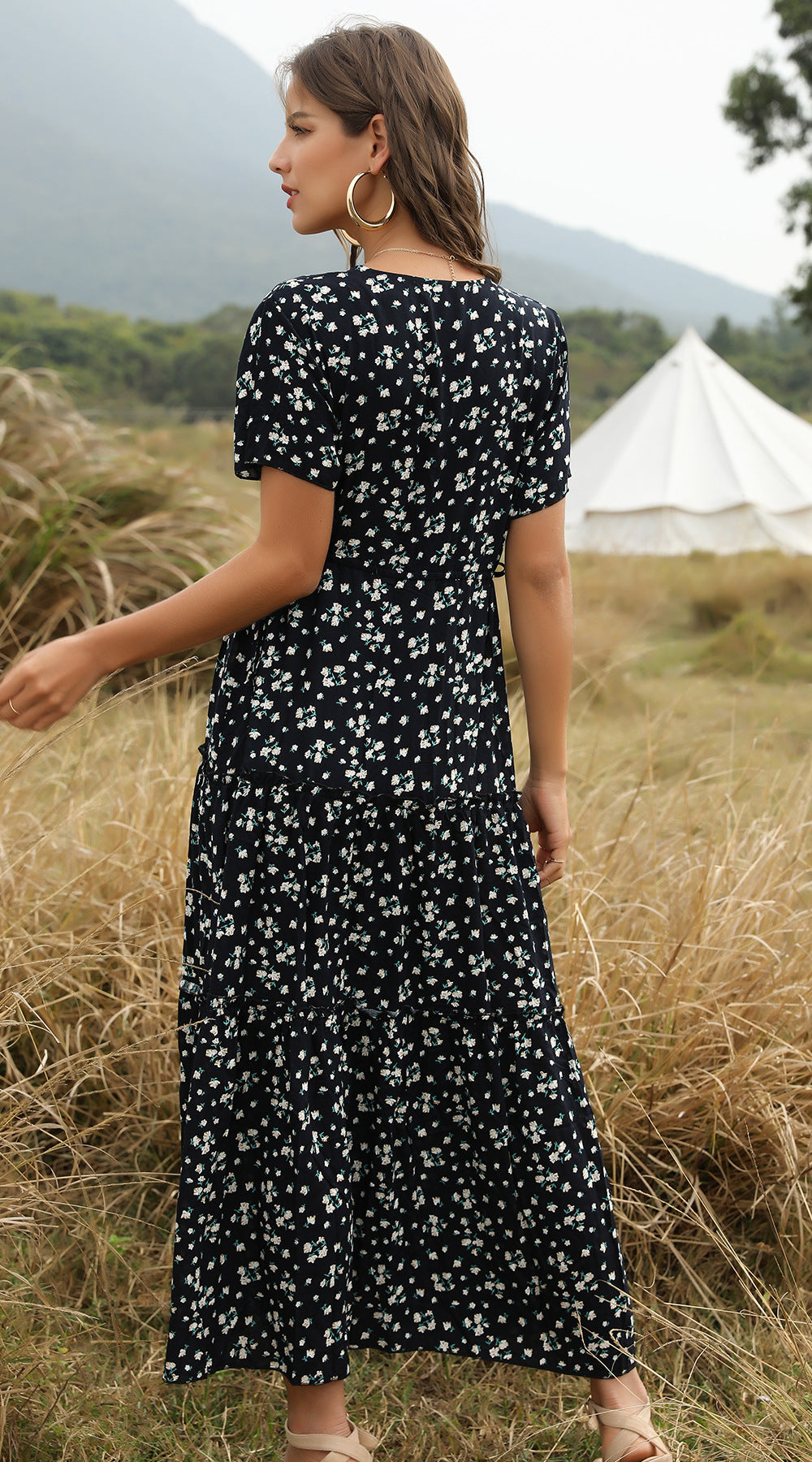 Bohemian Ruffled V-Neck Floral Maxi Dress