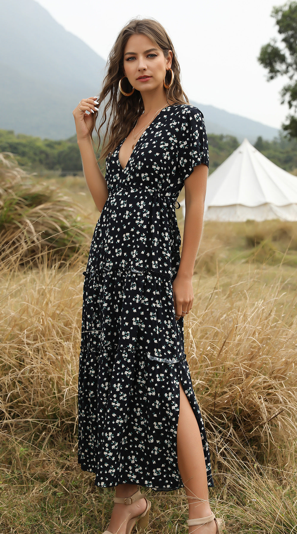 Bohemian Ruffled V-Neck Floral Maxi Dress
