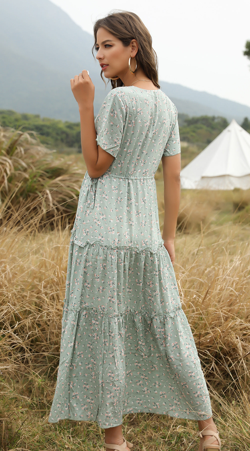 Bohemian Ruffled V-Neck Floral Maxi Dress