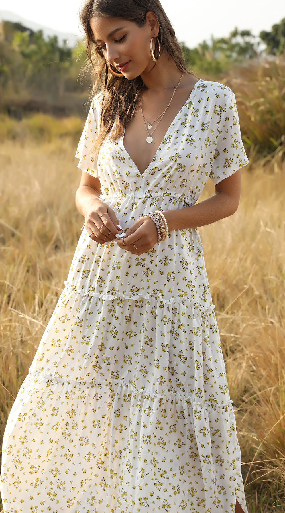 Bohemian Ruffled V-Neck Floral Maxi Dress