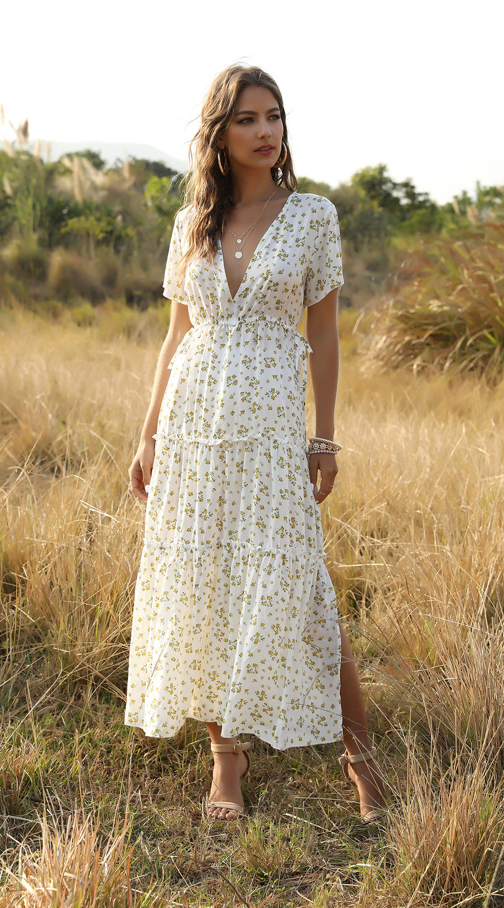 Bohemian Ruffled V-Neck Floral Maxi Dress