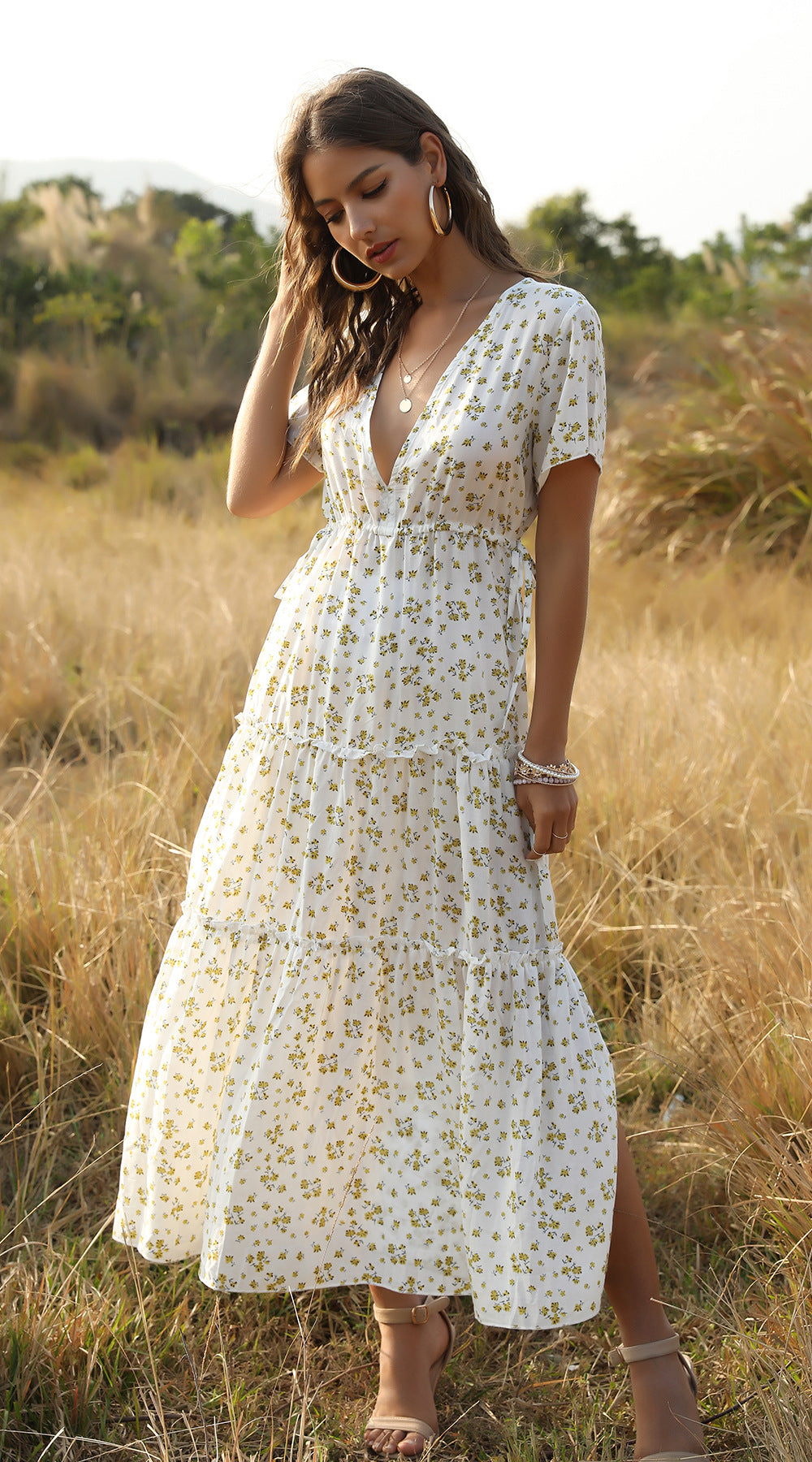 Bohemian Ruffled V-Neck Floral Maxi Dress