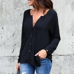 Chic V-Neck Chiffon Blouse with Button Detail