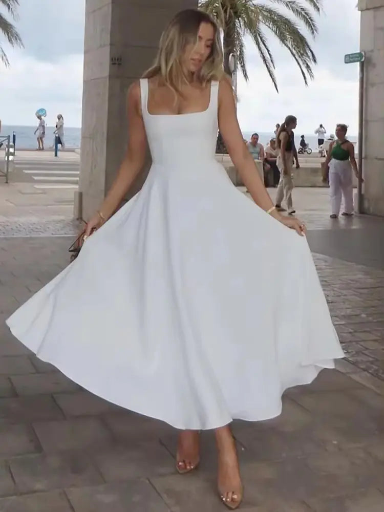 Elegant Square Neck A-Line Maxi Dress - Perfect for Evenings