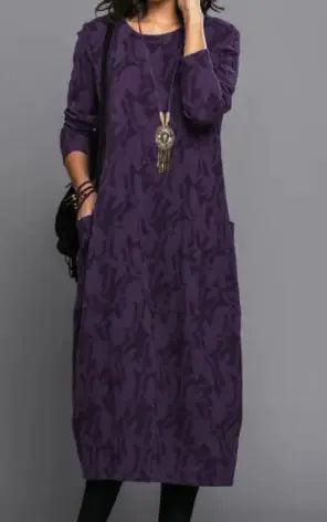 Vintage-Inspired A-Line Midi Dress with Crew Neck