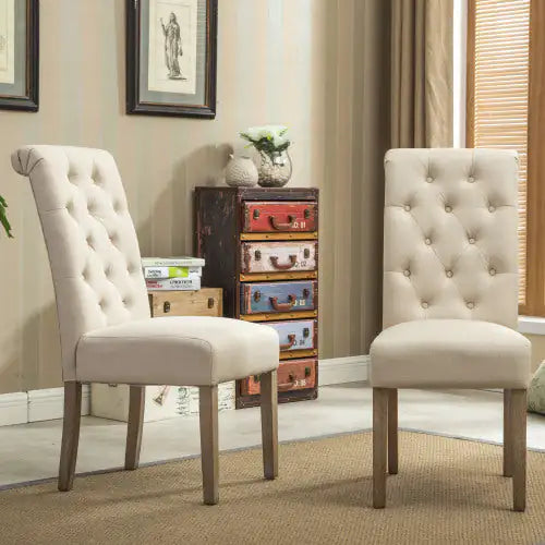 Tan Solid Wood Tufted Parsons Dining Chairs, Set of 2