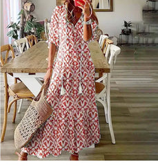 Chic Bohemian V-Neck Midi Dress with Three-Quarter Sleeves