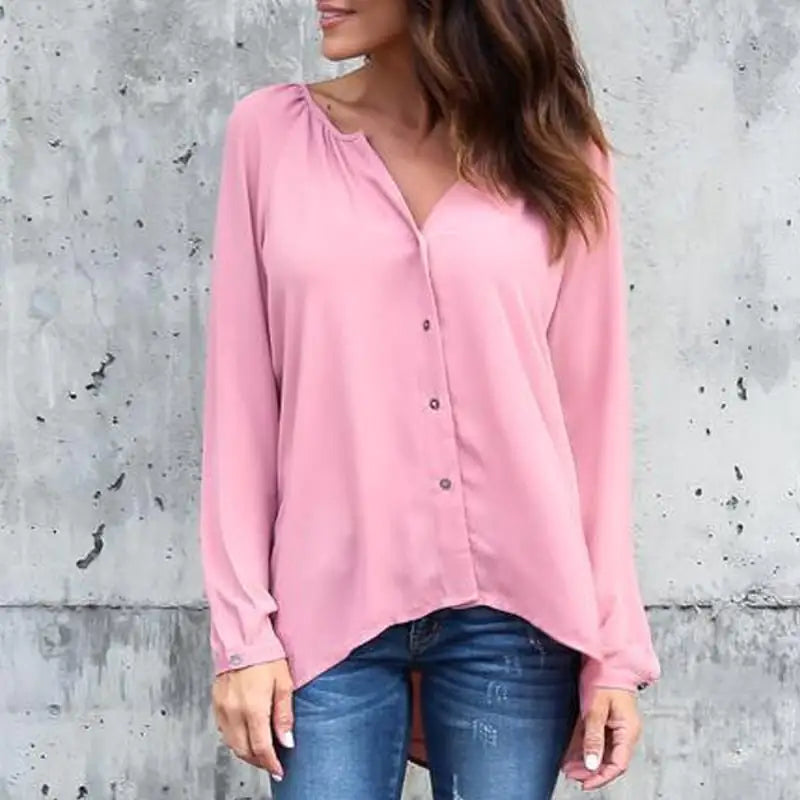 Chic V-Neck Chiffon Blouse with Button Detail