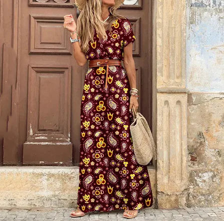Bohemian Style Waist-Cinching Printed Maxi Dress