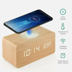 Wooden Digital Alarm Clock with Wireless Charger