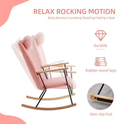 Elegant Pink Rocking Chair - Teddy Fabric, High Back & Adjustable Headrest