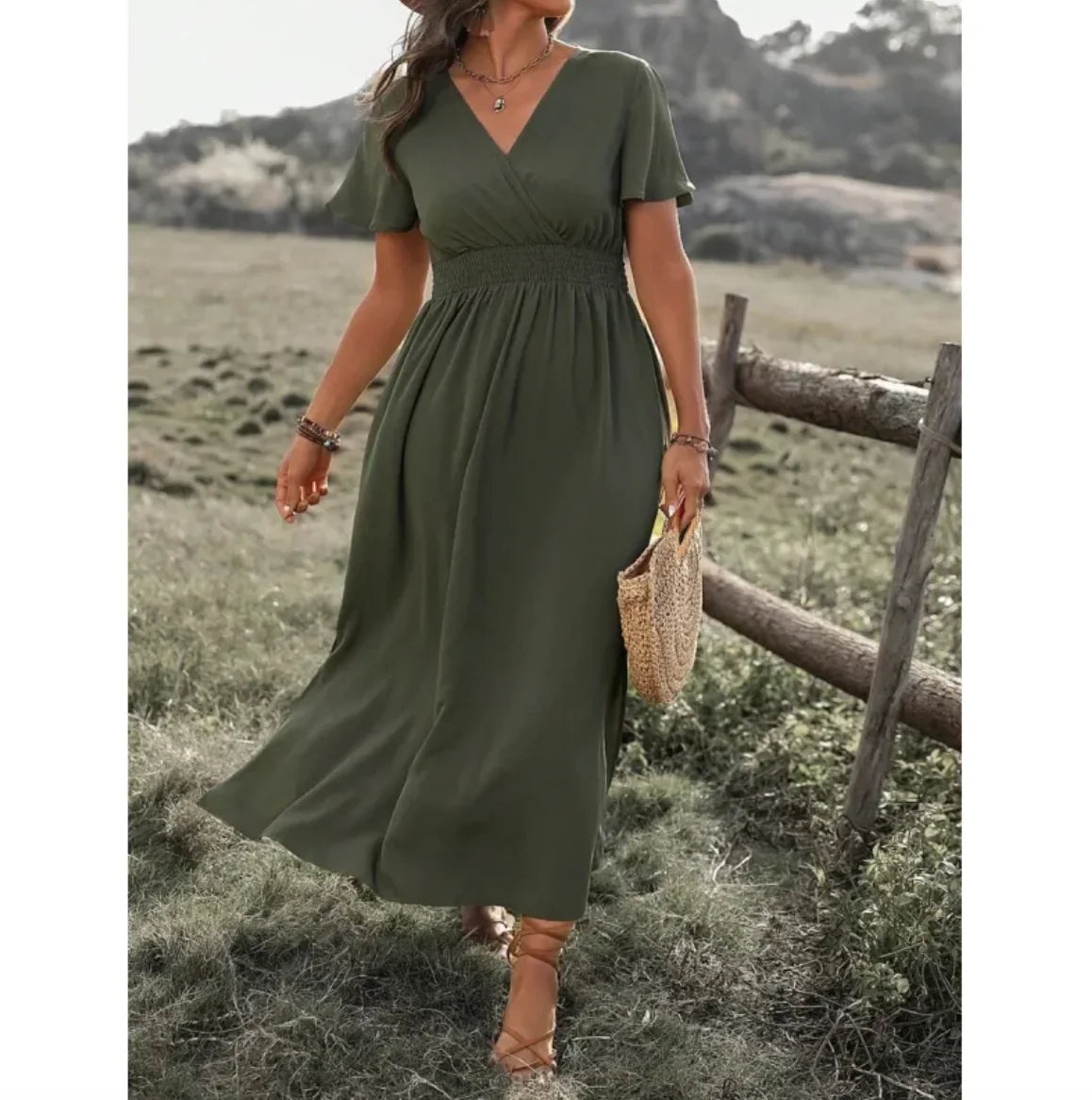 Elegant V-Neck Bell Sleeve Dress with Side Slit