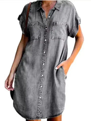 Chic Loose Short-Sleeve Denim Dress - Versatile & Comfortable