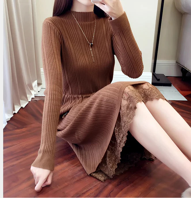 Elegant Knit Sweater Dress with Ruffle Details
