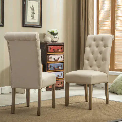 Tan Solid Wood Tufted Parsons Dining Chairs, Set of 2