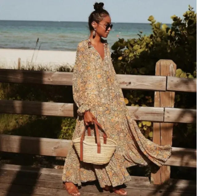 Spring Bohemian Oversized Long Dress - Flowy, Vibrant Style