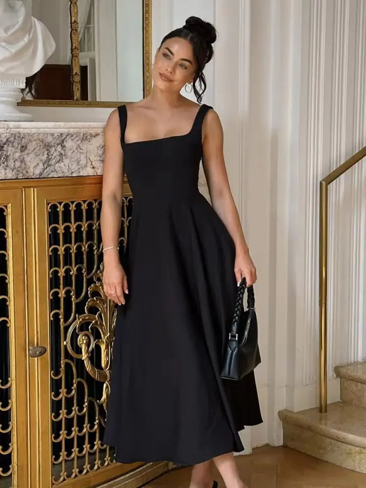 Elegant Square Neck A-Line Maxi Dress - Perfect for Evenings