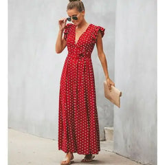 Chic Polka Dot V-Neck Dress with Petal Sleeves