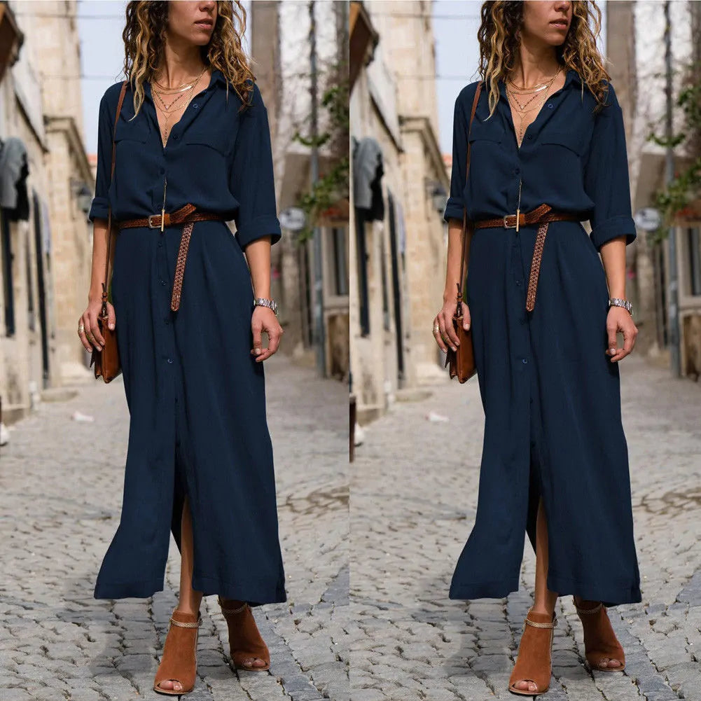 Elegant V-Neck Maxi Beach Dress - Solid Color Selection
