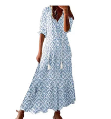 Chic Bohemian V-Neck Midi Dress with Three-Quarter Sleeves
