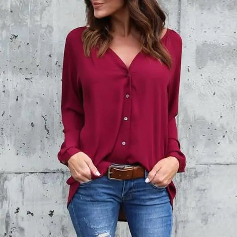Chic V-Neck Chiffon Blouse with Button Detail
