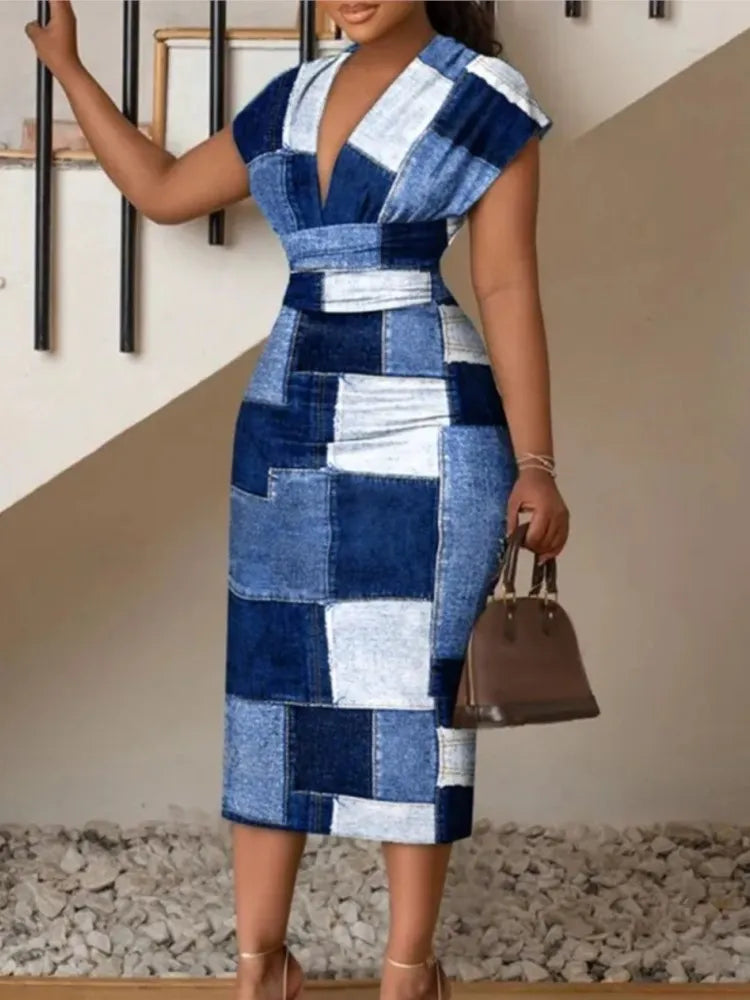 V-Neck Printed Bodycon Midi Dress for Women