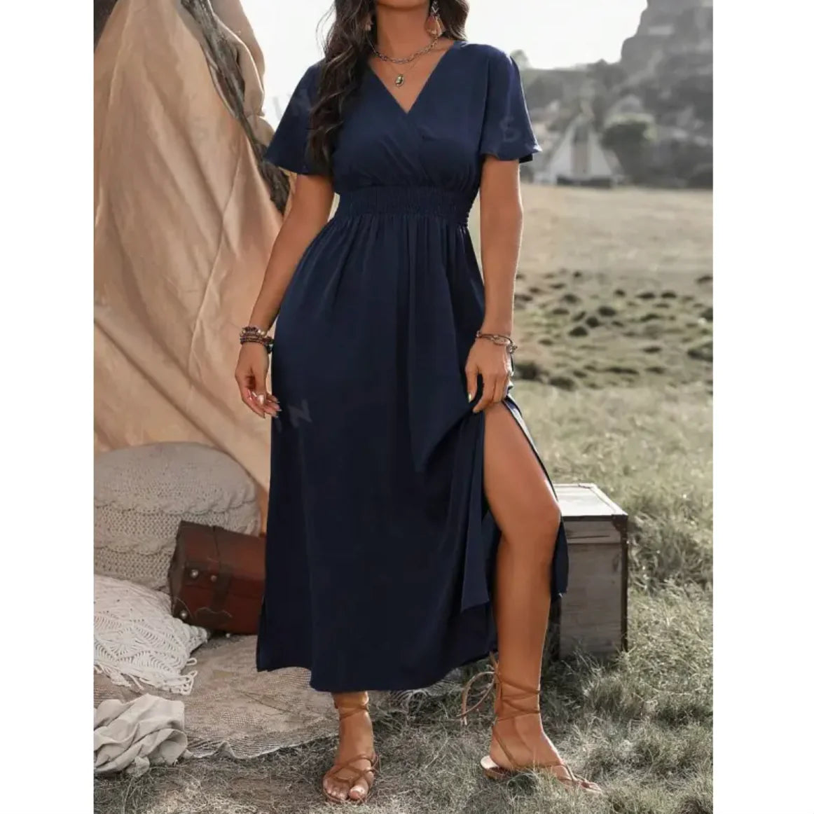 Elegant V-Neck Bell Sleeve Dress with Side Slit