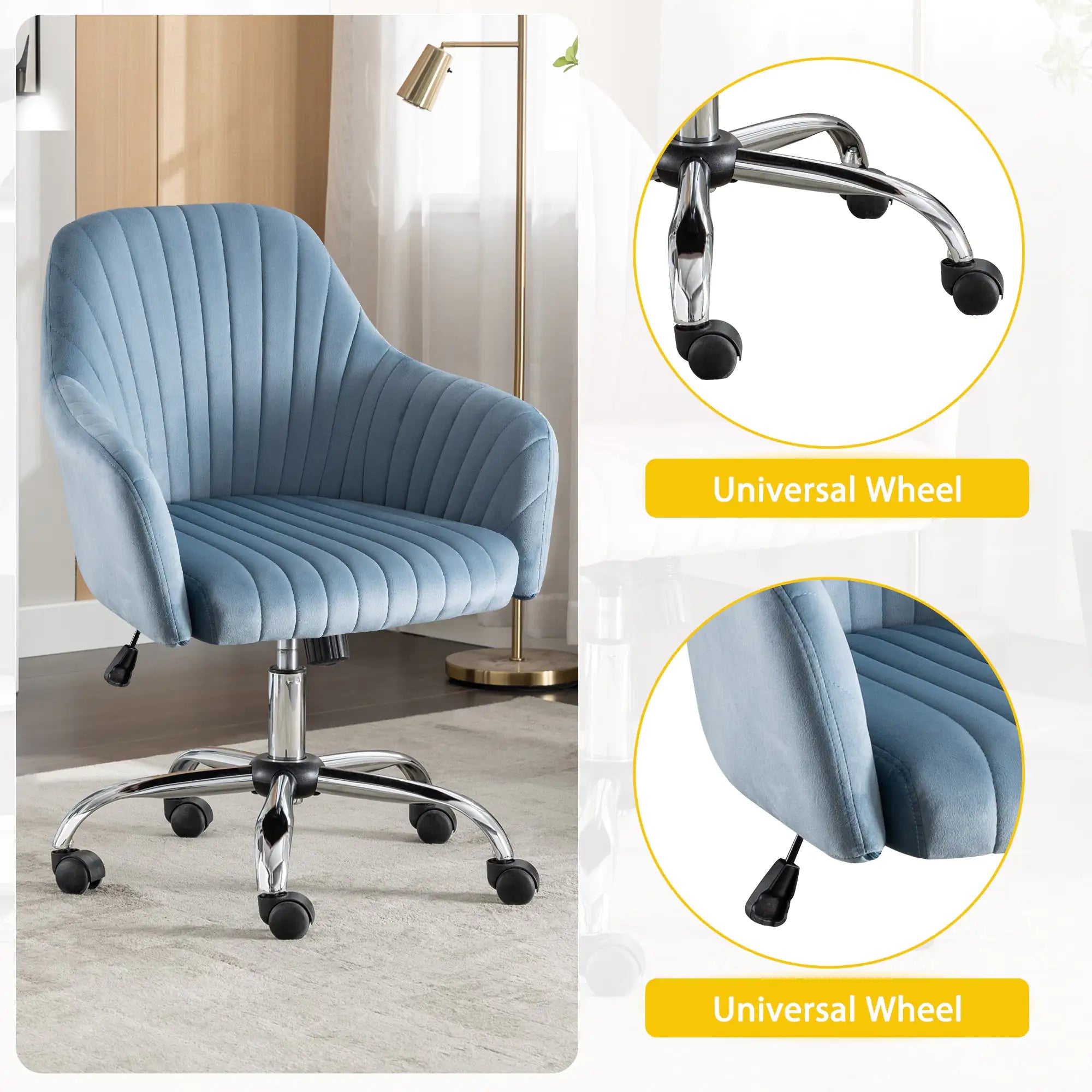 Office Desk Chair with Adjustable Height & Casters - Blue Velvet